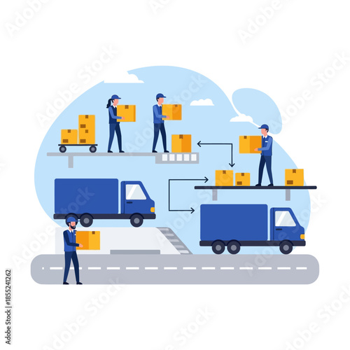 Workers efficiently managing logistics with trucks and packages in a busy distribution center