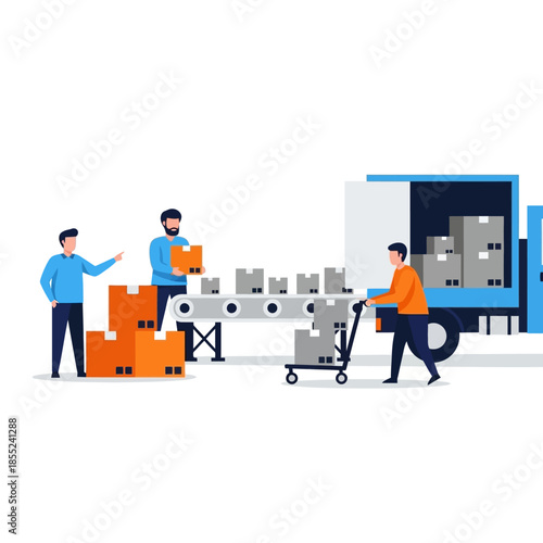 Warehouse workers efficiently loading and unloading boxes on a conveyor belt near a truck