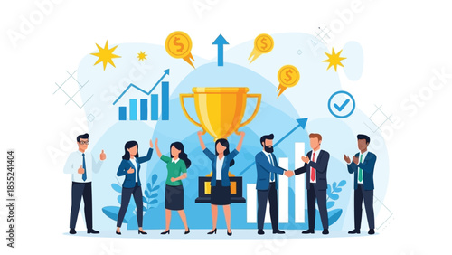Business team members celebrate achieving a major goal by hoisting a large golden trophy surrounded by rising charts and currency symbols.