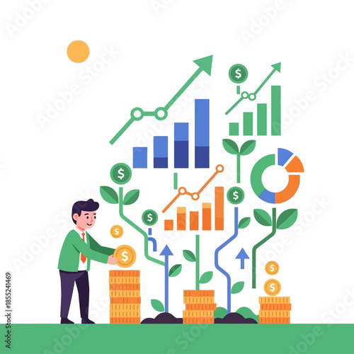 Businessman nurturing growth through investment in financial graphs and plants, symbolizing prosperity