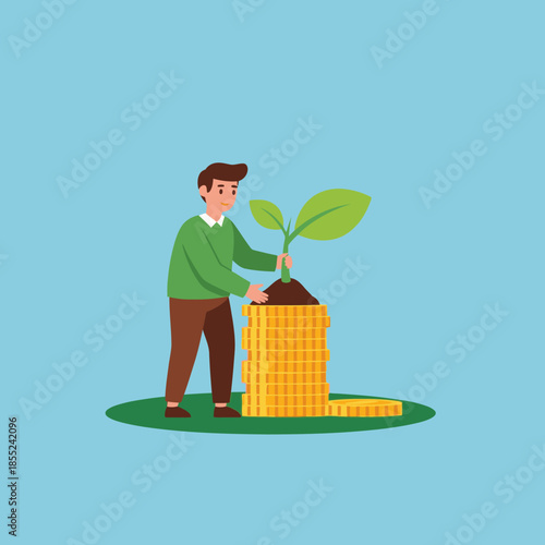 A man in a green sweater nurturing a plant growing from a pile of coins against a blue background