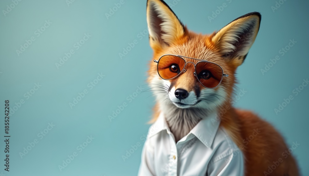 Fototapeta premium Clever fox with cool sunglasses and white shirt poses in studio. This smart mammal looks ready for business or a fun party. Animal wears aviator shades for a stylish look.