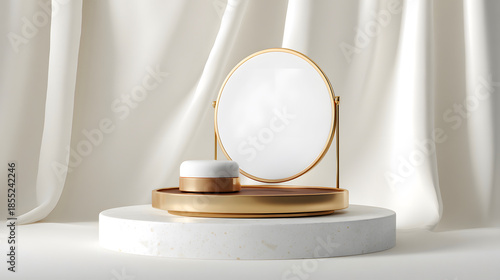 Wallpaper Mural Minimalist Cosmetic Display with Golden Mirror and Tray Torontodigital.ca