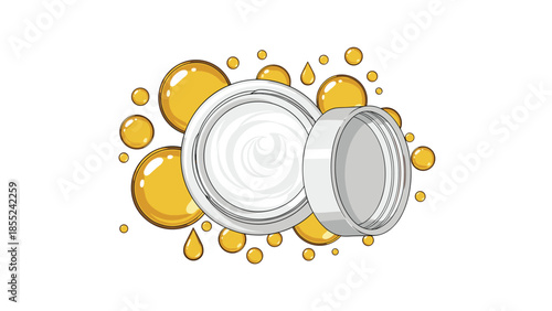 Open jar of luxurious white cosmetic cream surrounded by shimmering golden oil bubbles, symbolizing skincare, beauty, and natural ingredients.