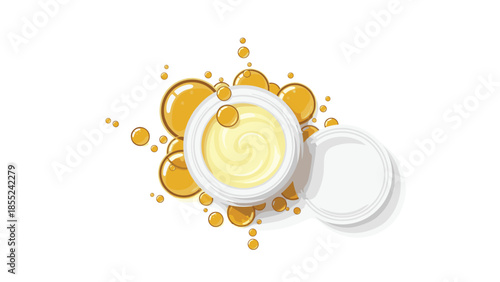 Open jar of rich yellow cosmetic cream surrounded by glistening golden oil bubbles, symbolizing skincare, beauty, and nourishing natural ingredients.