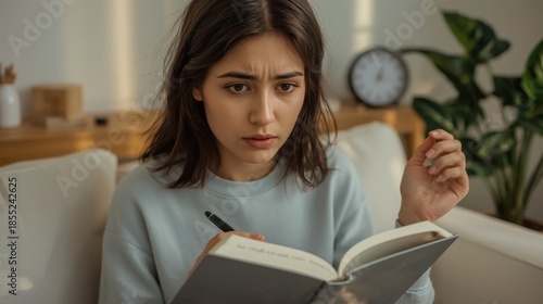 A contemplative young woman with a thoughtful expression sitting on a couch reading a book and taking notes in a cozy living room with a clock and plant in the background