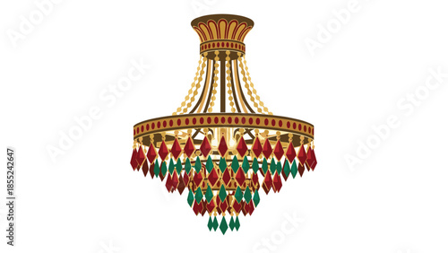 Exquisite and opulent chandelier adorned with dazzling red and green crystals, creating a luxurious and festive lighting fixture.
