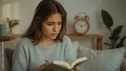 A contemplative woman with brown hair sits on a couch reading a book with a pen in her hand looking focused in a cozy living room with a clock and plant