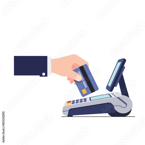 Hand holding a credit card to make a payment at a modern checkout terminal in a retail setting