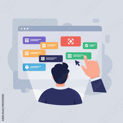 Person interacting with a digital interface displaying various colorful icons and notifications