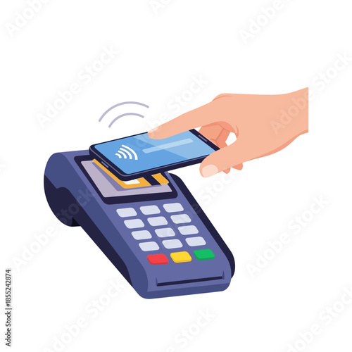 Hand using smartphone for contactless payment on a card reader in a modern retail environment