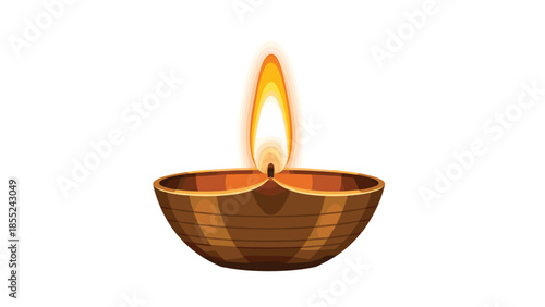 Glowing traditional Indian oil lamp, known as a diya, with a bright, flickering flame, signifying warmth, light, and spiritual celebration.