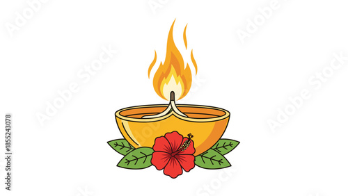 Traditional golden oil lamp (diya) with a vibrant red hibiscus flower and green leaves, symbolizing festive celebrations and spiritual offerings.