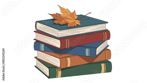 Neatly stacked collection of colorful books topped with a single golden maple leaf, representing autumn reading, knowledge, and educational pursuits.