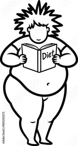 Overweight Person Reading Diet Book – Obesity, Weight Loss and Healthy Lifestyle Concept Illustration
