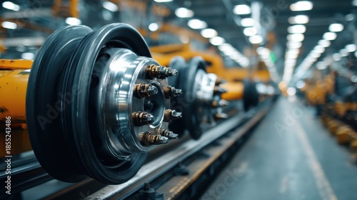 Close-up of a heavy-duty truck axle assembly on an assembly line in a manufacturing plant