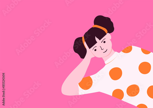 Pretty smiling schoolgirl, student cartoon character. girl with a funny hairstyle. Vector stock illustration. poster.