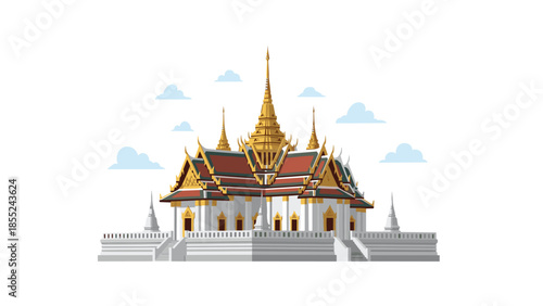 Grand traditional Thai temple with elegant golden roofs and white tiered walls, surrounded by clouds, symbolizing spiritual sanctuary and cultural beauty.