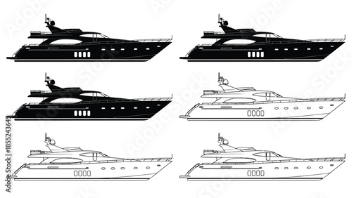 Illustrative yacht designs showcasing various perspectives and color schemes
