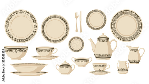 Comprehensive antique dinnerware set with elegant beige and black scroll patterns, including plates, cups, teapots, and cutlery for a refined dining experience.