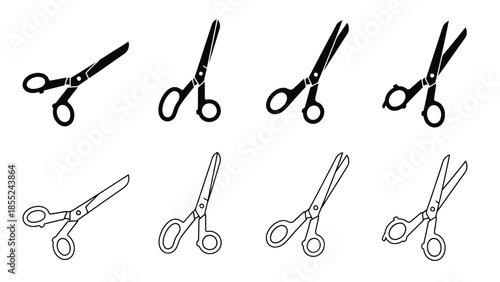 A collection of different style scissors depicted in a black and white illustration
