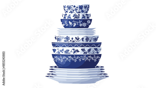 Neatly stacked collection of blue and white patterned bowls and plates, showcasing a beautiful floral and scroll design, ideal for tableware.