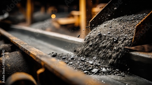 Coal being loaded onto a conveyor belt in a dimly lit industrial setting.
