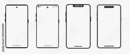 Flat smartphone mockup set. Blank screen mobile device frames. Outline vector device frame in front side view.