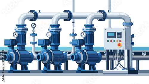 Advanced industrial pump system featuring multiple blue pumps, intricate piping, and a modern control panel, representing efficient factory operations.