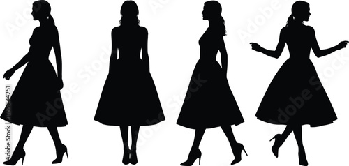Women silhouette poses, fashion illustration, elegant dress icons, high heels, stylish movement, posture art, feminine figure, vector design, modeling