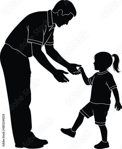 Father holding child hand silhouette, parenting love concept, caring family relationship, trust and support moment, black figures isolated background