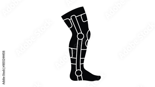 Black and white illustration of a leg brace or orthopedic support device