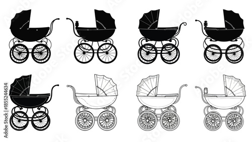 Vintage baby carriages in various styles and perspectives a black and white illustration