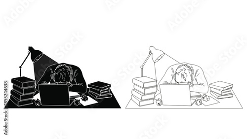 A person studying late at night with books and a laptop is depicted