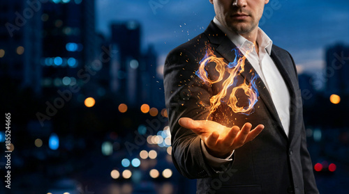 Businessman’s Hand with Fire Percent Sign. Business Concept of Growth, Finance, Investment, and Hot Offer