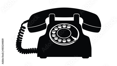 A simple black and white silhouette of a vintage rotary telephone