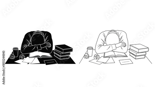 A person slumped over books and papers appearing stressed or exhausted