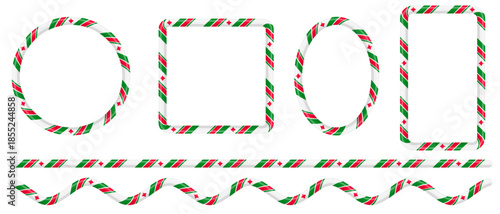 Set of candy cane borders in the shape of square, circle and oval. Vector Christmas candy frames. Striped candy lollipop pattern. Editable stroke 