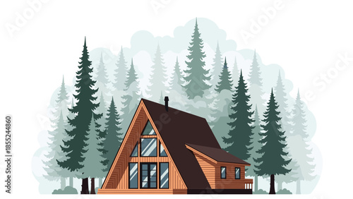 Modern A-frame house with large windows nestled amongst a dense pine forest, embodying a cozy cabin retreat and an escape into nature.