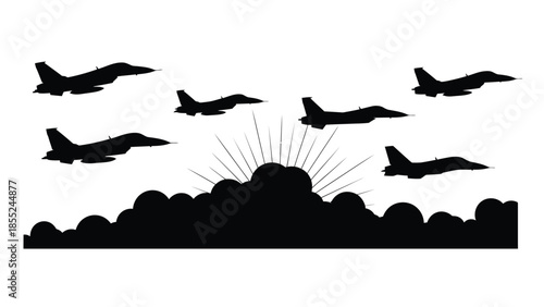 Silhouette of fighter jets flying over mountains against a sunburst backdrop