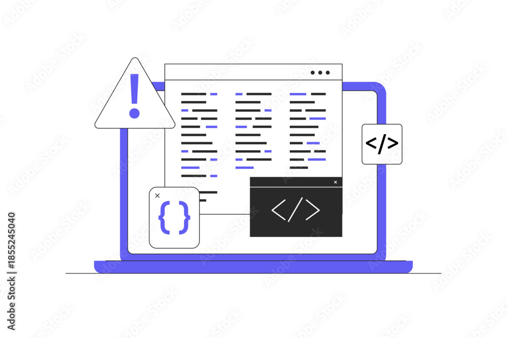 Obraz premium Bug report. Magnifying glass for bugs dancing software program. Bug report magnifying bugs. Virus Protection Bug tracker tool. Flat Cartoon Vector Illustration, icon Stylish abstract design landing 