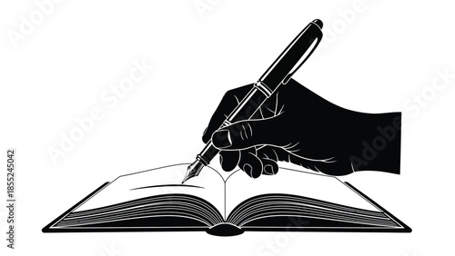 A hand holding a pen writing in an open book black and white illustration