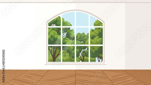 Expansive arched window with multiple panes, offering a bright and refreshing view of lush green trees and natural scenery, creating an airy space.