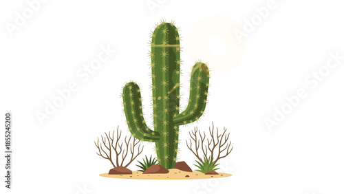 Towering saguaro cactus rooted in a dry desert landscape, accompanied by bare branches and a stylized sun icon, representing arid natural beauty.