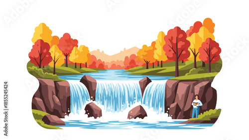 Serene autumn landscape featuring a beautiful cascading waterfall surrounded by vibrant red and orange trees, with a person enjoying the view.