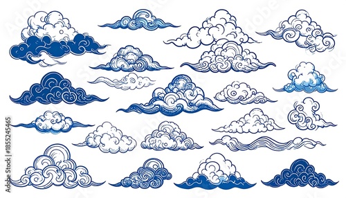 Collection of decorative cloud vector illustrations in vintage oriental style