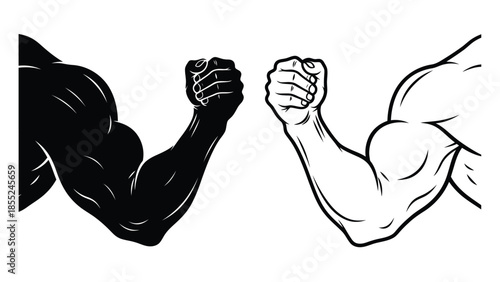 A striking illustration of two muscular arms in opposing black and white