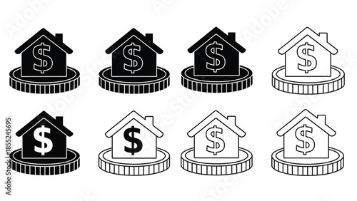 Real estate and finance houses with dollar signs on coin stacks