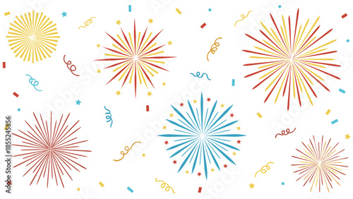 Lively assortment of colorful fireworks explosions, ribbons, and confetti scattered against a white background, symbolizing celebration and festivity.