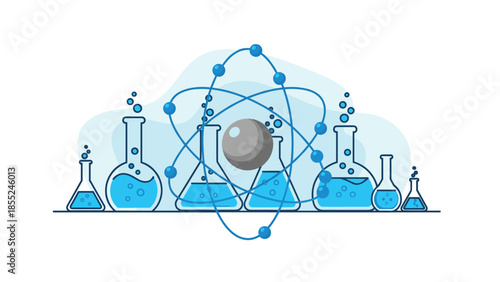 Scientific laboratory setup featuring various blue beakers and flasks filled with liquid, centered around a stylized atom model, representing chemistry and research.